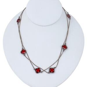 Vintage Antiqued Gold-Tone Sterling Silver Red Glass Quatrefoil Necklace | 36"